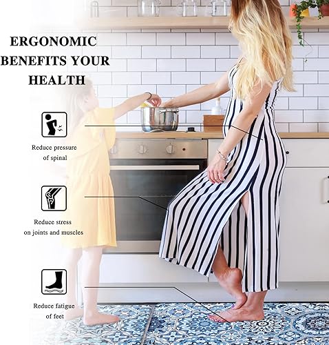 Miniatura 7 de Yinhua Tapetes de cocina bohemios azules para piso, 2 piezas, acolchados, antifatiga, juego de alfombras de cocina azules, tapete de cocina de