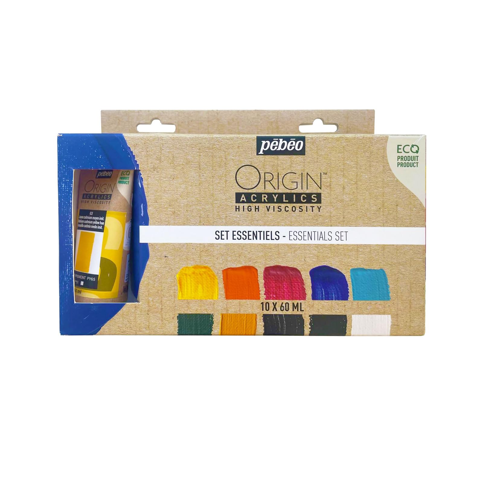 Pébéo - Origin Acrylics - Set Essentiel 10x60 ml - Peinture Acrylique Éco-Conçue - Finition Mate - Liant 100% Recyclé - 96% de Matières Premières d’Origine Européenne - Assortiment de 10 couleurs