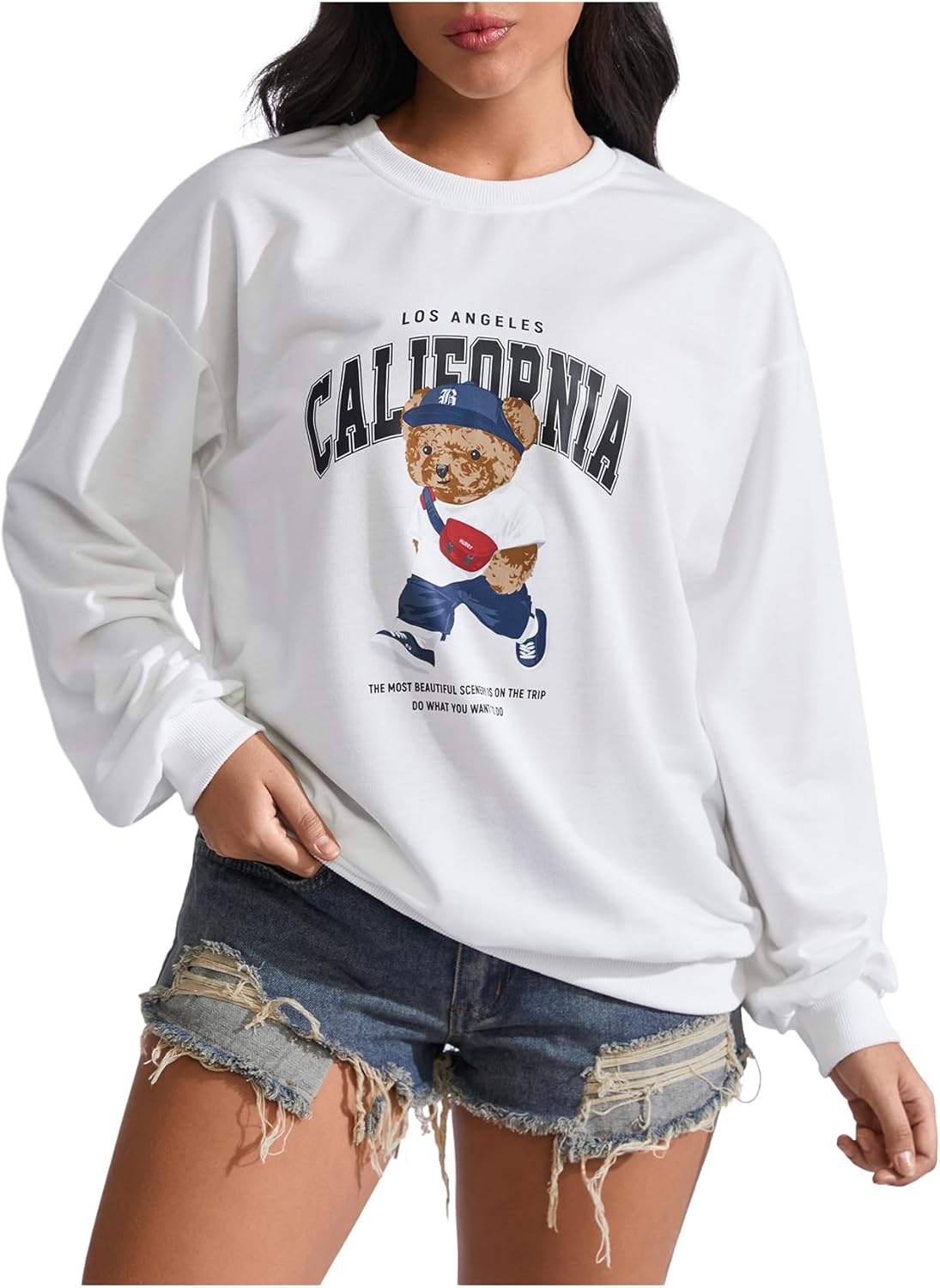 SweatyRocks Women's Cartoon Bear Graphic Crew Neck Sweatshirts Casual Long Sleeve Loose Pullover Tops