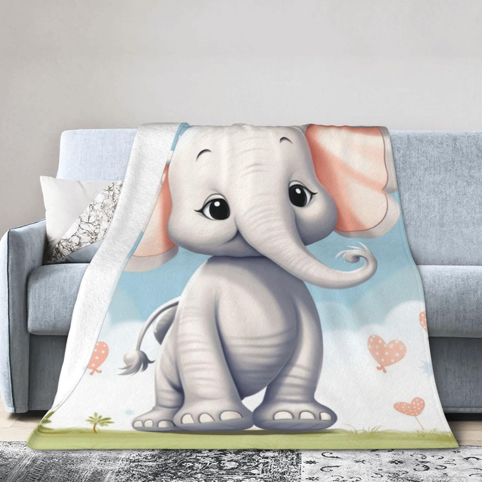 Couverture en flanelle éléphant 152x127 cm, plaid chaud pour voyage, lit et canapé en polaire