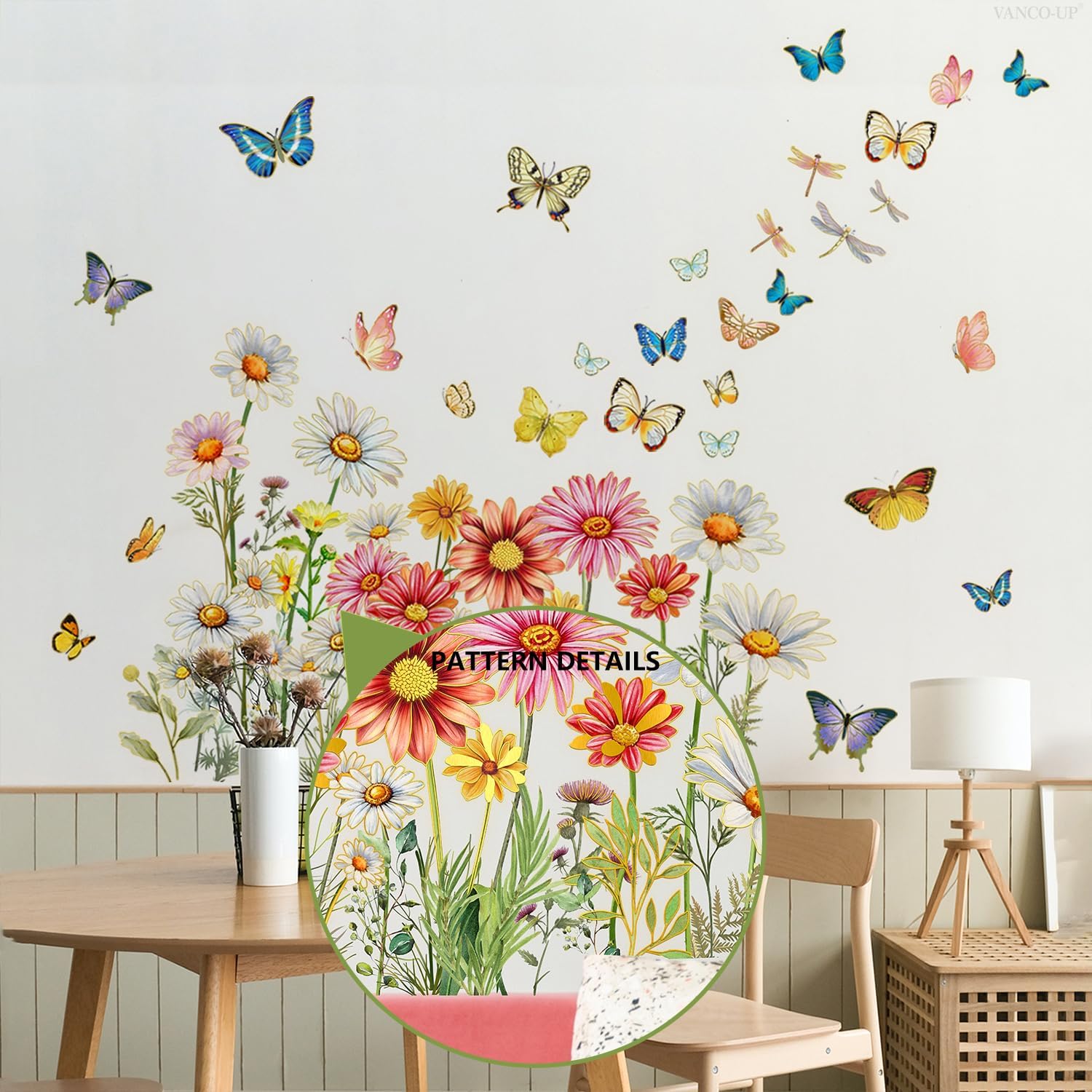 Runtoo Boho Wildflower Wall Decals Peel and Stick Butterfly Daisy Floral Wall Stickers for Girls Bedroom Baby Nursery Decor image 5