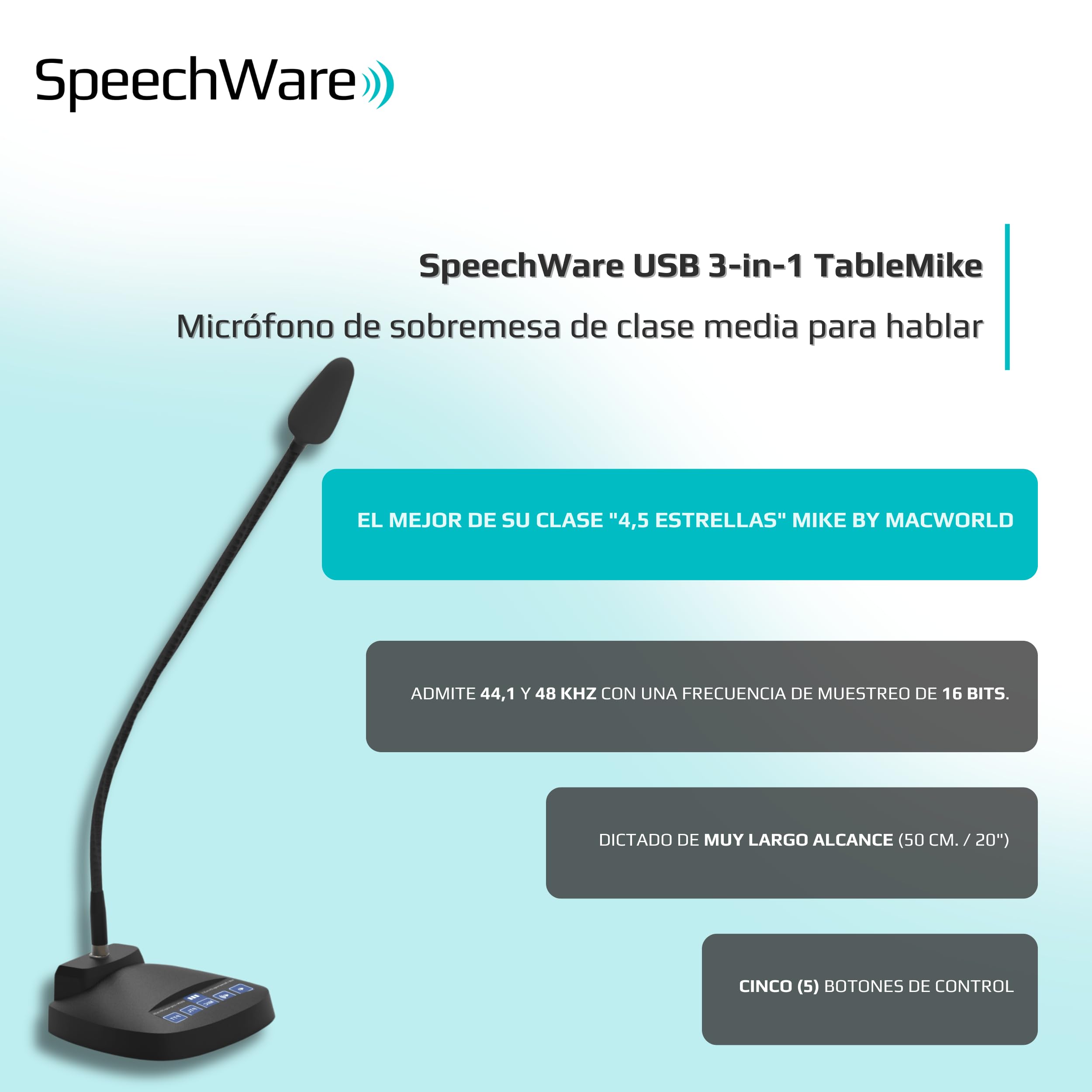 SpeechWare TBK3 3-in-1 TableMike USB Gooseneck Microphone with Exclusive Variable Long-Range Self Adjusting Input