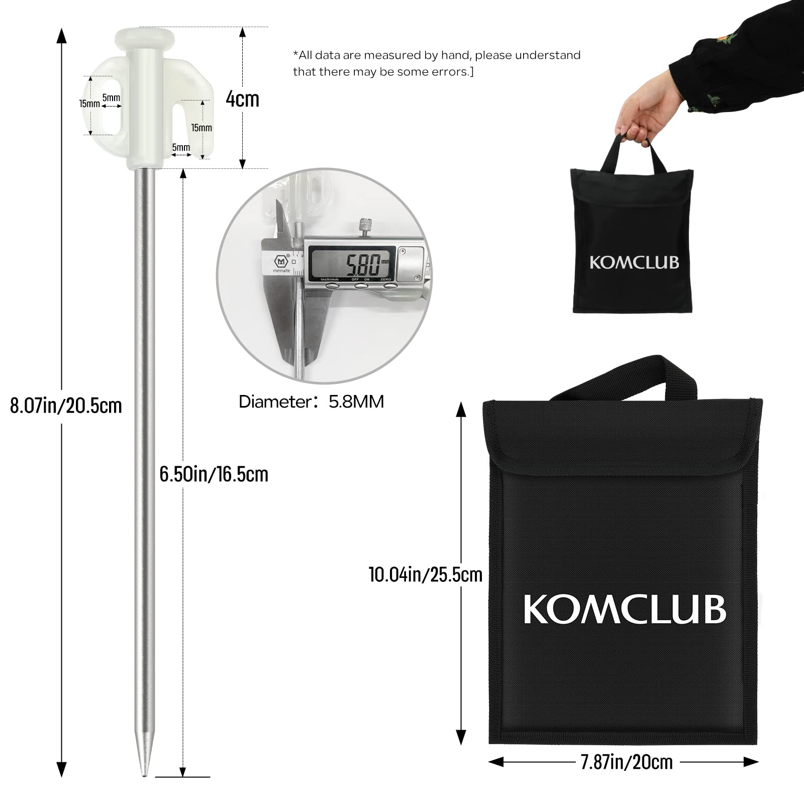 KOMCLUB 20PCS Tent Stakes Heavy Duty Tent Pegs Metal Tent Pegs Canopy Stakes Ground Stakes Spike Steaks for Outdoor Camping Tents Garden Canopies Grassland with Storage Bag