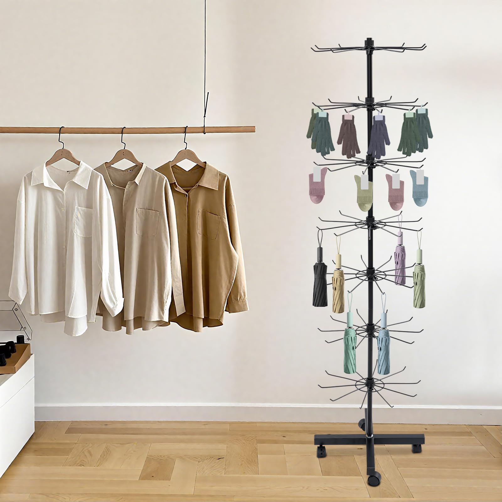 Jewelry Display Shelves stojak na biżuterię, metalowy organizer, 7 poziomów, 70 haczyków, kolor czarny, obracany o 360°, regulowany stojak sprzedażowy, stojak na wystawę, stojak na wystawę, 40 x 160