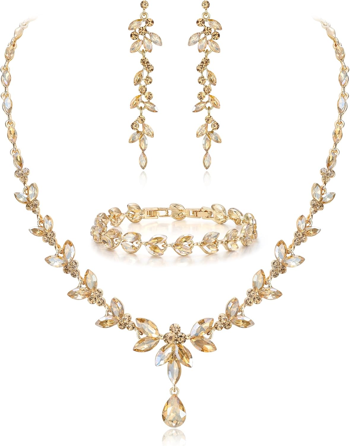 EVER FAITH Austrian Crystal Bridal Bridesmaid Jewelry Sets, Elegant Marquise Rhinestone Leaf Necklace Dangle Earrings Tennis Bracelet Set for Women