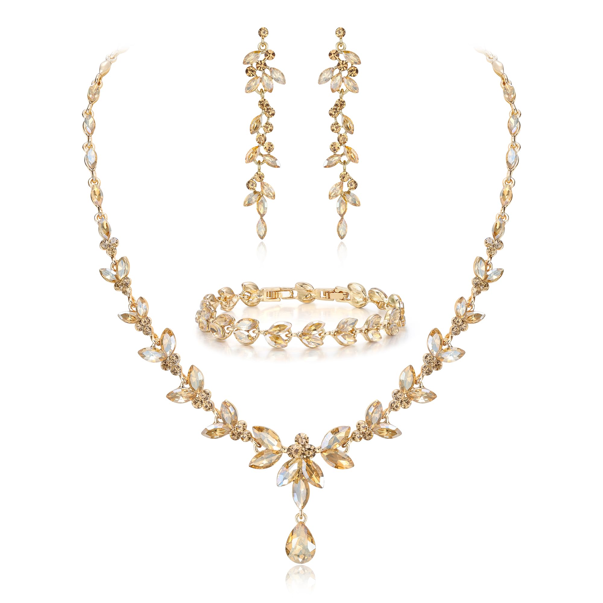 EVER FAITH Marquise Cristalli Party Set Gioielli per la Sposa, Splendido Foglia Strass Collana Orecchini pendenti Tennis Bracciale Marrone Oro-fondo
