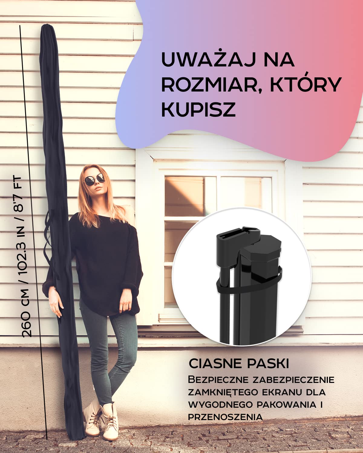 PropVue Ekran projekcyjny z uchwytem 100-120 cali – ekran projekcyjny do użytku wewnątrz i na zewnątrz do prezentacji filmów lub na pulpicie – możliwość regulacji w zakresie od 16:9 do 4:3 HD bez
