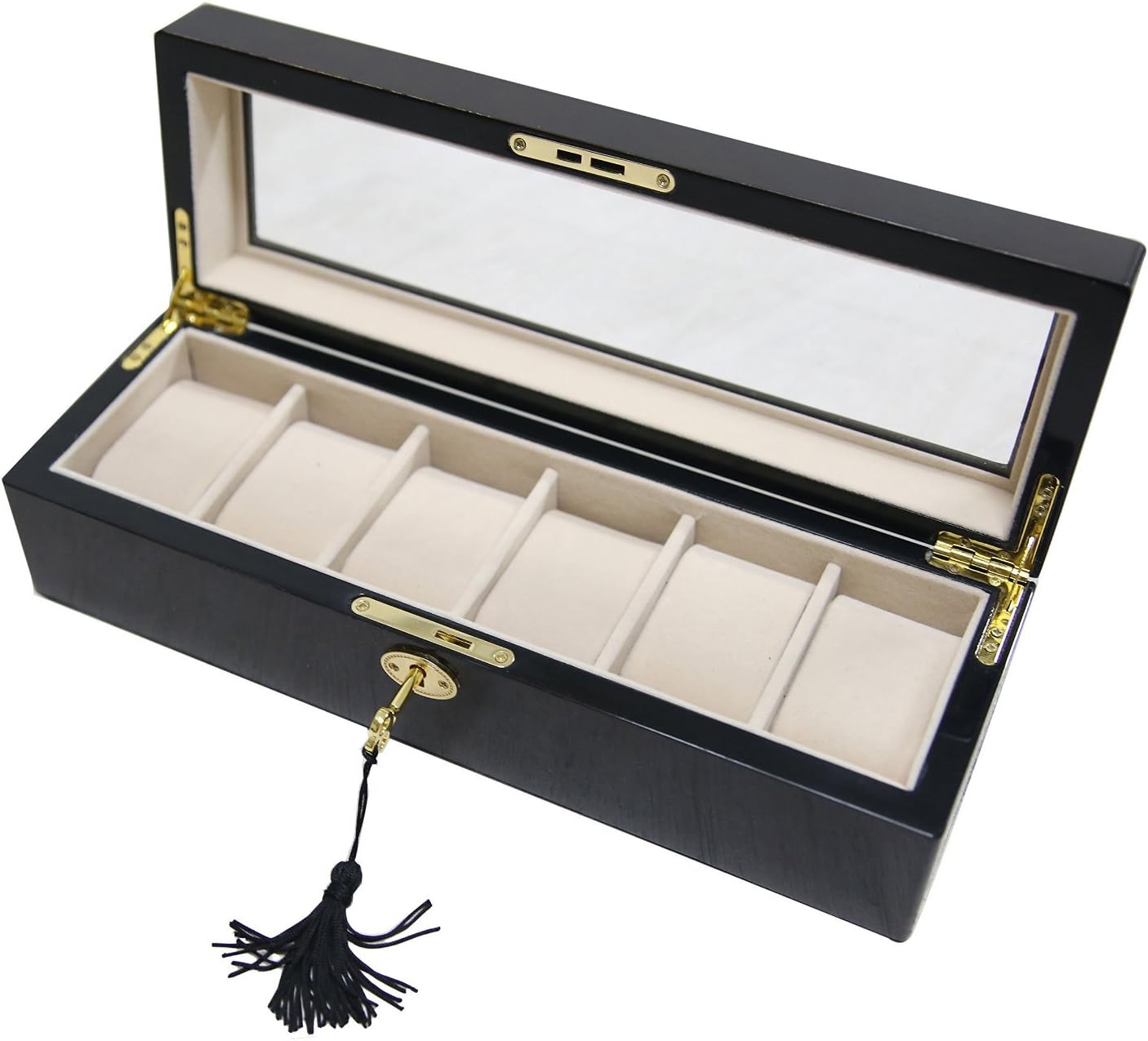 Sodynee® 6 Wood Watch Storage Box 03 Display Case Organizer with Lock and Key, Ebony Color