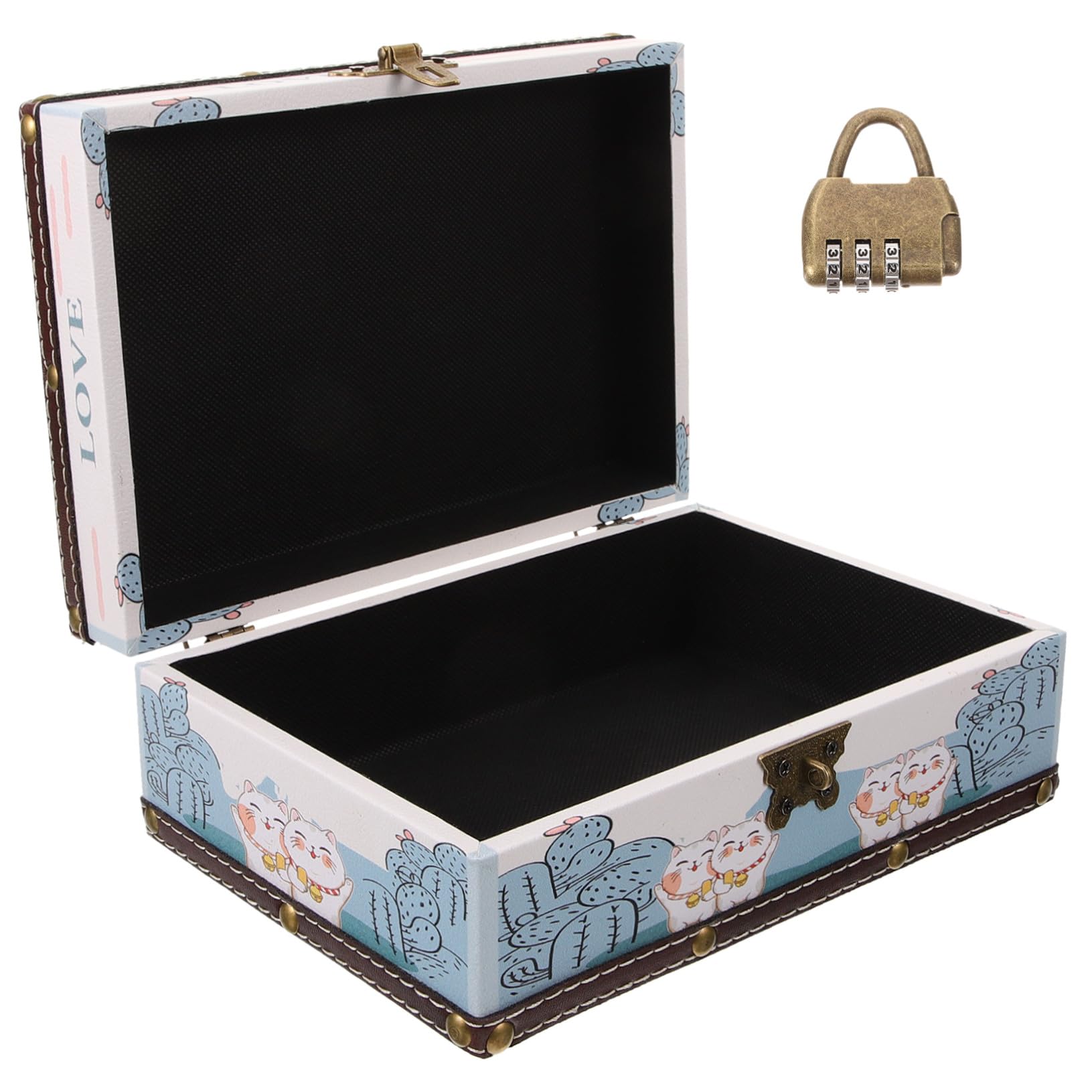 Scatola Portaoggetti Vintage con Serratura Porta Gioielli in Legno Compatto Decorato con Motivo Gatto della Fortuna Organizer da Tavolo per Accessori e Piccoli Oggetti