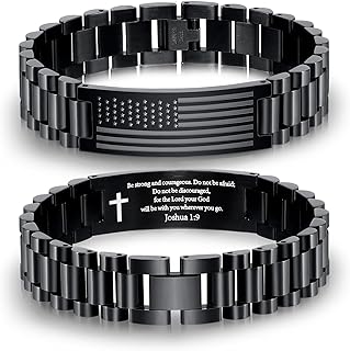P. BLAKE American Flag Bible Verse Bracelet for Men, Stainless Steel Engraved Scripture Bracelet