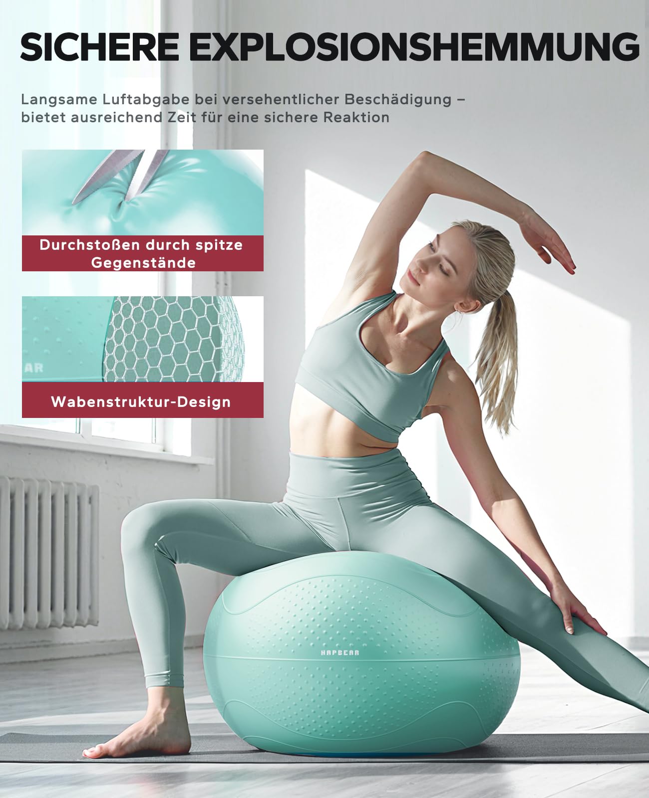 HAPBEAR Gymnastikball & Sitzball (55/65/75 cm) – Anti-Burst, rutschfest Mit Massage-Noppen, Extra Dickes PVC, Bis 200 Kg – Komplettset Mit Fußpumpe & 3 Widerstandsbändern für Fitness, Büro & Yoga
