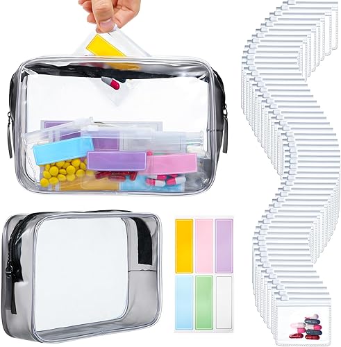 Meanplan 50 bolsas para pastillas reutilizables transparentes con cremallera, bolsa de transporte de PVC transparente, 180 etiquetas impermeables,