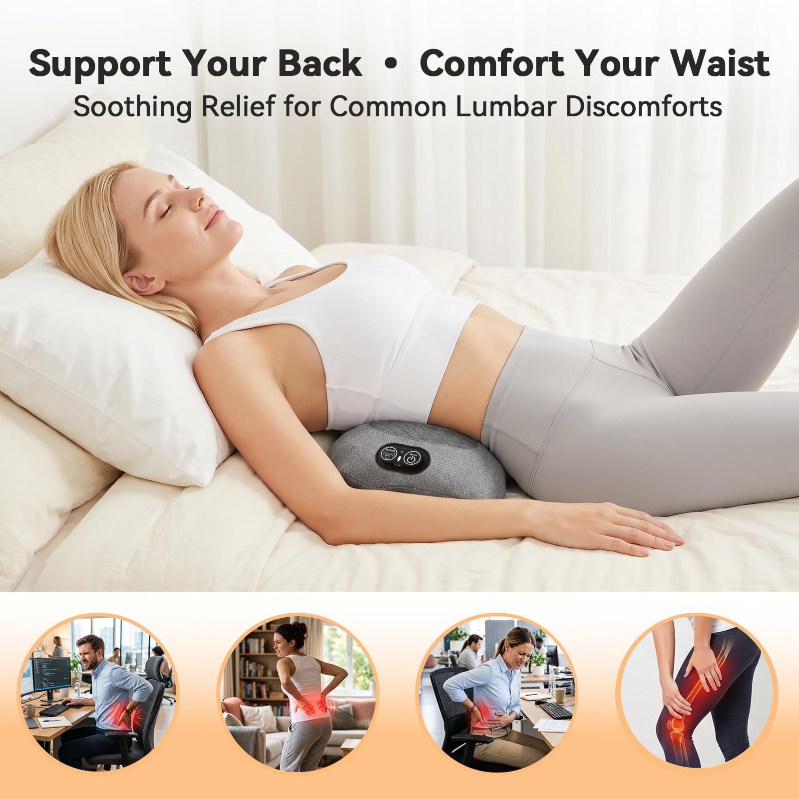 Masseur de dos électrique 3 en 1 avec chaleur, vibrations et étirements pour soulager les douleurs dans le bas du dos, coussin de soutien lombaire pour la maison, le bureau, le siège de voiture et le