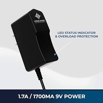 9V DC Guitar Pedal Power Supply Adapter - 1.7A 1700mA Center Tip Negative | Noise Reduction Filter, 9 Volt Regulated Pedalboard Power Supply for Effects Pedals