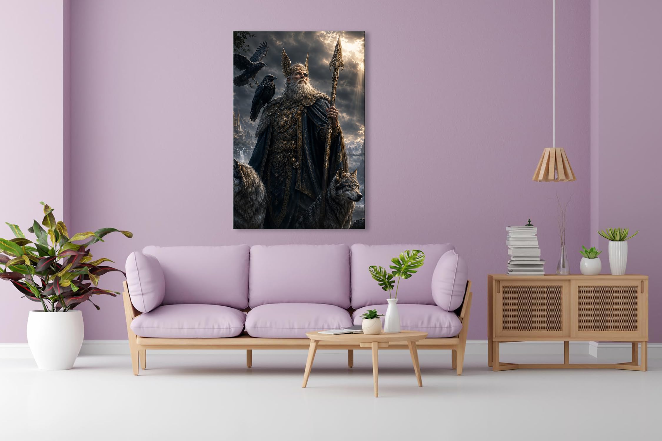 Farbenhorizont Leinwandbild Weiser Odin mit Raben und Wölfen vor mystischer Festung Format: 120x80cm XXL Wandbild auf Keilrahmen/Kunstdruck/Bild Wohnzimmer Dekoration
