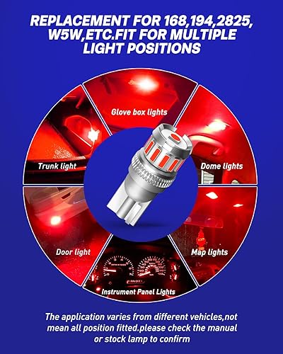 Miniatura 4 de AUTOONE Bombilla LED de 194 color rojo, 300% más brillante, T10 168 2825 W5W, bombillas LED para matrícula, cúpula, mapa, puerta, cortesía, luces