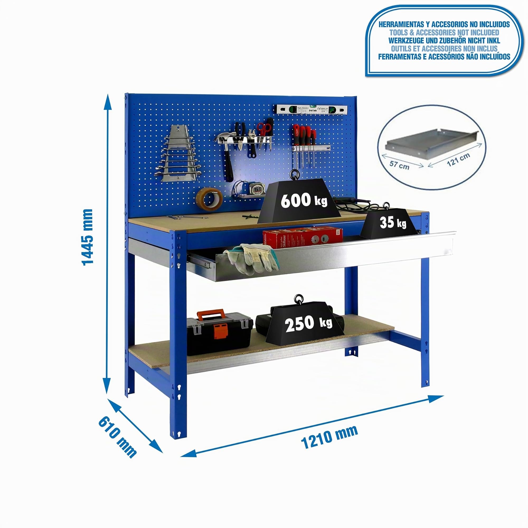 Simon Rack Banco da lavoro per officina, capacità di carico 600 kg, 1445x1210x610 mm, Pannello Forato, Tavolo da lavoro fai da te, Blu/Legno - BT2