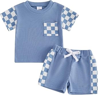 allshope Toddler Baby Boy Summer Outfit Checkerboard Patchwork T Shirt Elastic Waist Shorts Newborn Infant Waffle Clothes Set
