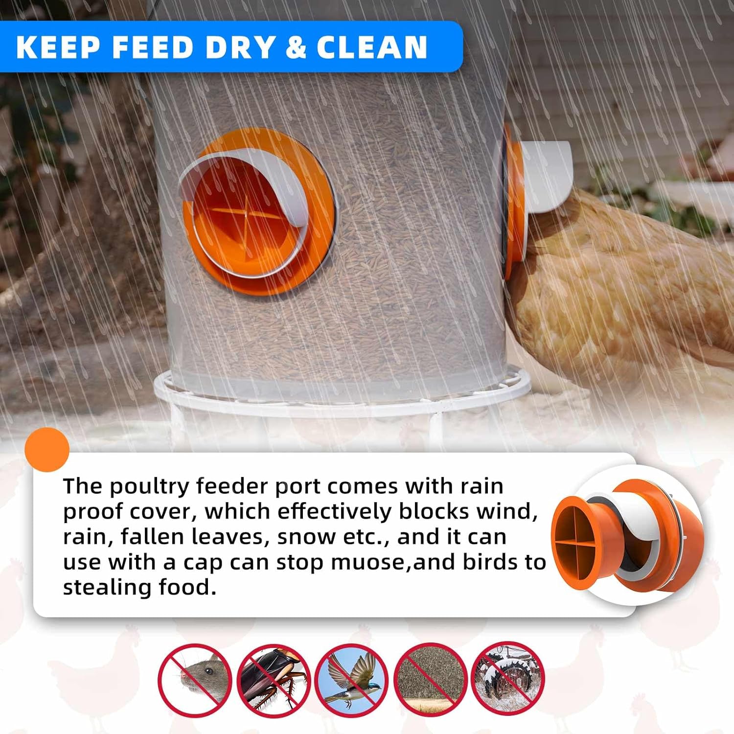 Large Chicken Feeder Port, No Waste Poultry Feeder Kit for Duck (4 Pack with Caps & Hole Saw)