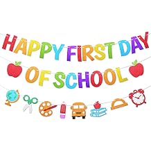 Happy First Day of School Banner Decorations - Colorful Glitter Apple and School Theme Garland Bunting Banner for Classroom Teacher Office Home Decor, Back to School Photo Backdrop Party Favors