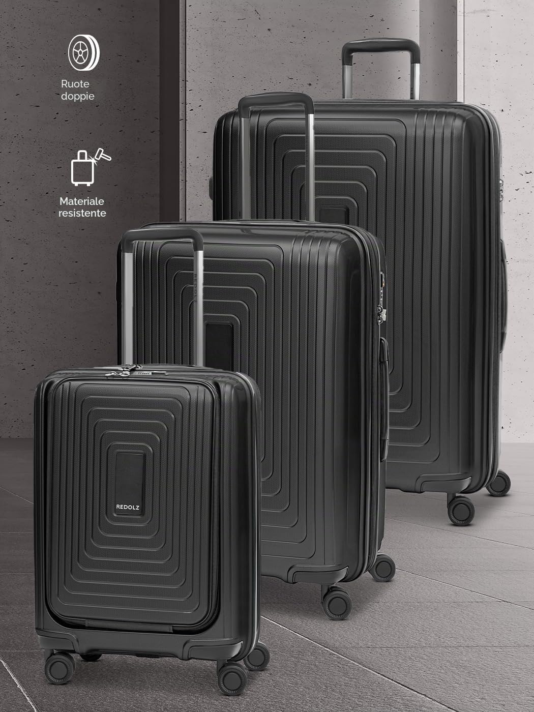 REDOLZ Set di valigie rigide 3 pezzi | S 55 cm con tasca laptop + M 66 cm + L 77 cm | Espandibili con soffietto | Ultra leggere | 4 ruote & TSA (Essentials 14)