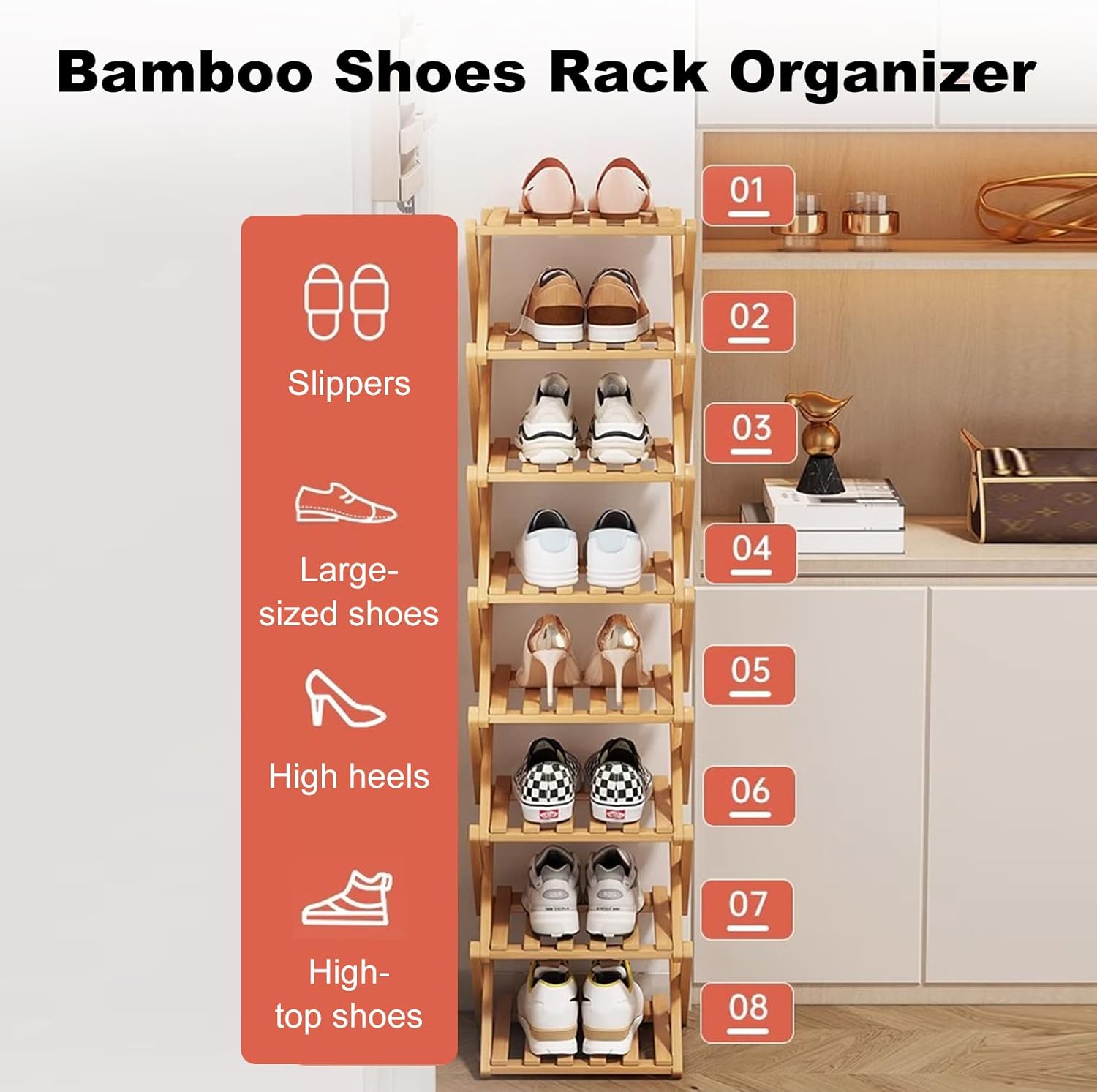 8 Tier Natural Bamboo Shoe Rack,Foldable Space Saving Shoe Storage Organizer,Easy Assembly & Strong Design Shoes Stand Shelf Organiser for Closet (Primary Color, Eight Layers)