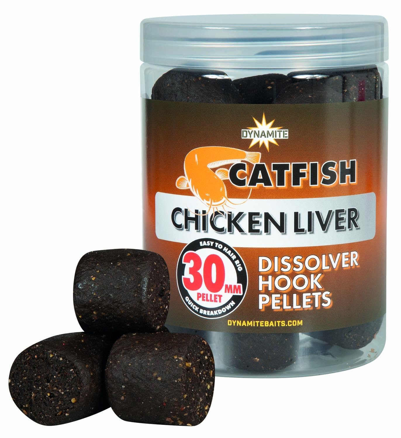 Dynamite Catfish Chicken Liver Dissolver Hook Pellets 30mm, Hair Rig, Hookable Texture, Fast Dissolve, Very Attractive Chicken Liver flavour, Code DY861.