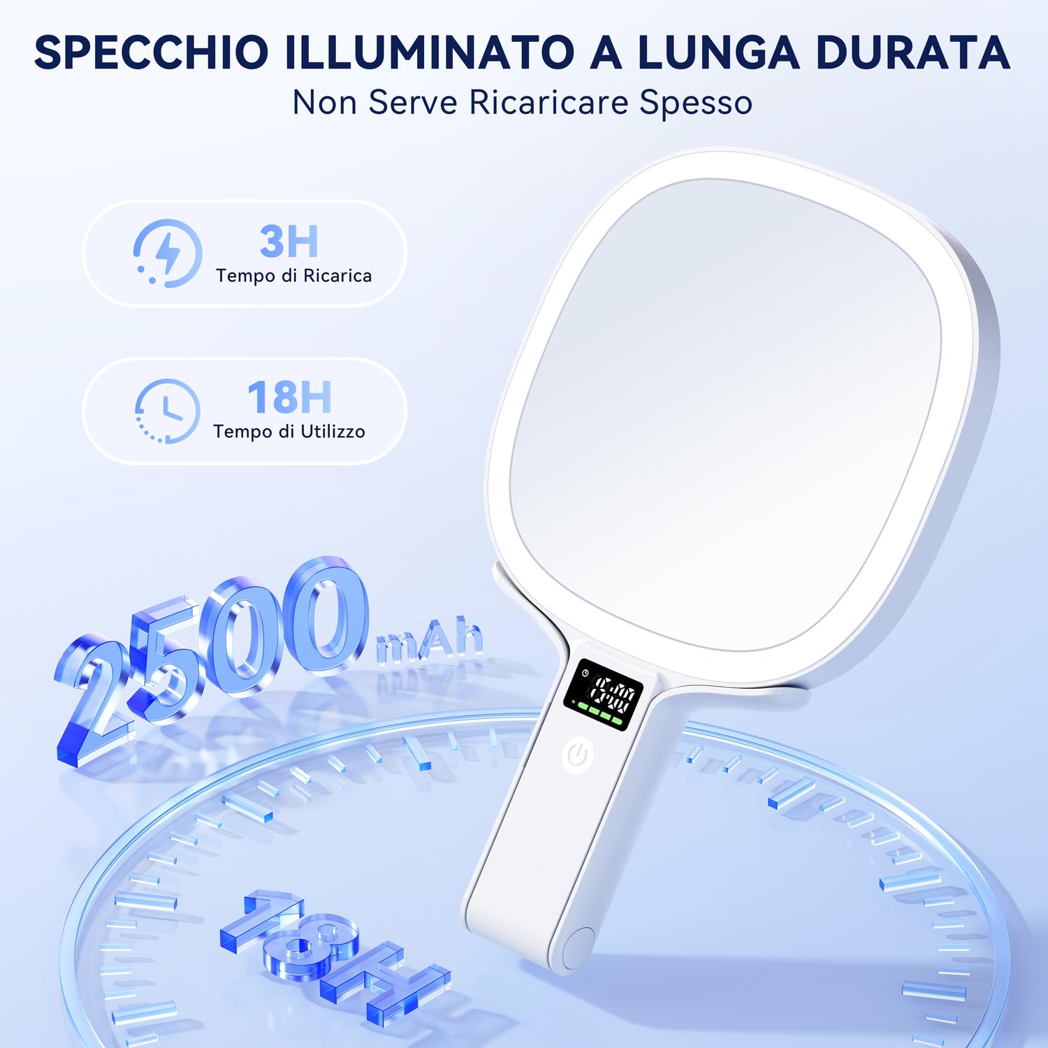 Auxmir Specchio Ingranditore Bifacciale 30X/1X Visualizza Tempo Intelligente, Specchio Trucco con Luci LED a 3 Colori Regolabile, Specchio da Tavolo Pieghevole a Mano e Appeso, Ricaricabile da Viaggio