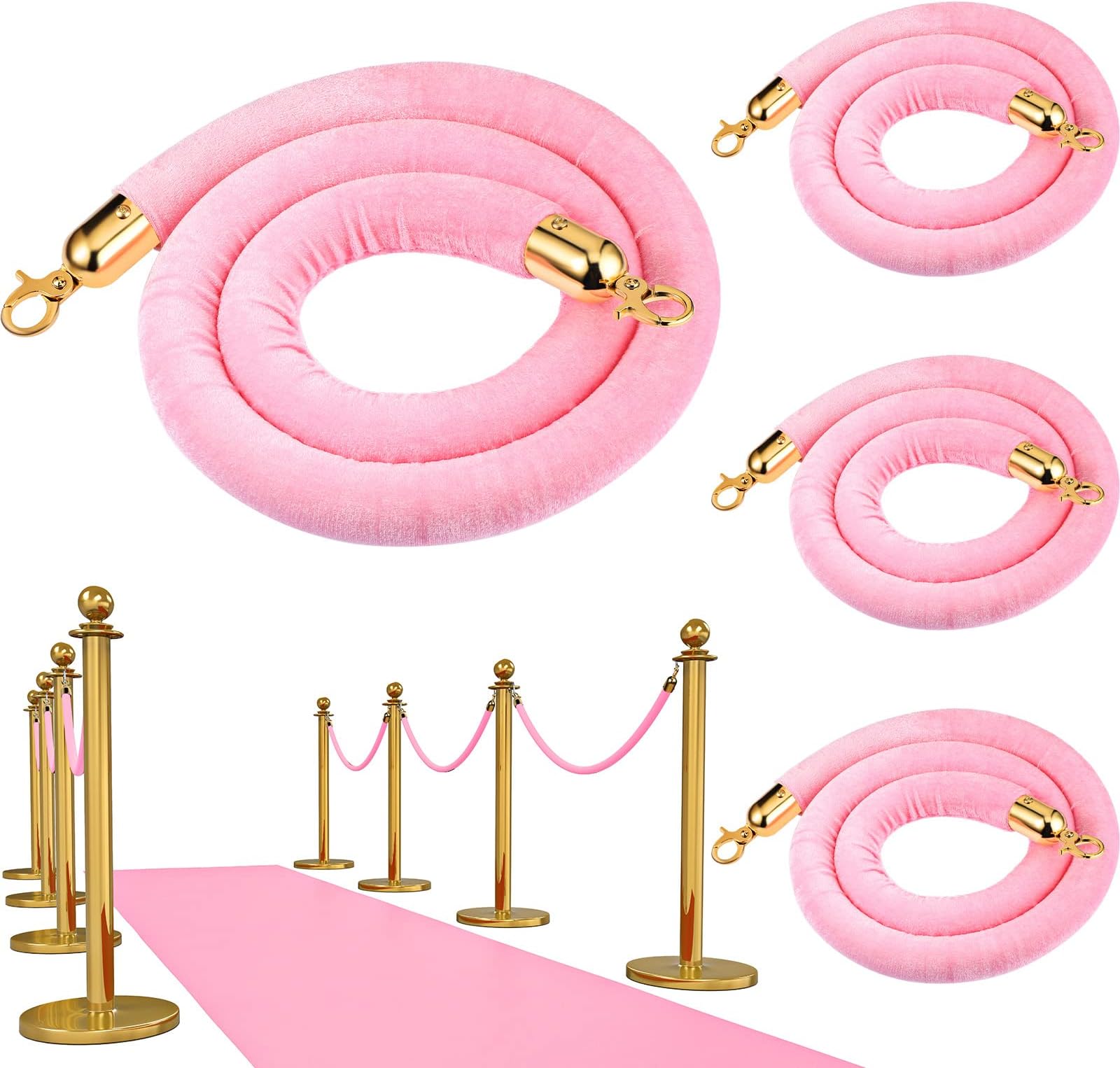 4 Pieces 5 Feet Stanchion Rope Pink Velvet Stanchion Rope with Gold Clasps Velvet Ropes Pink Crowd Control Rope Safety Barrier Fit for Party Red Carpet Wedding Movie Theaters Hotels Grand Openings
