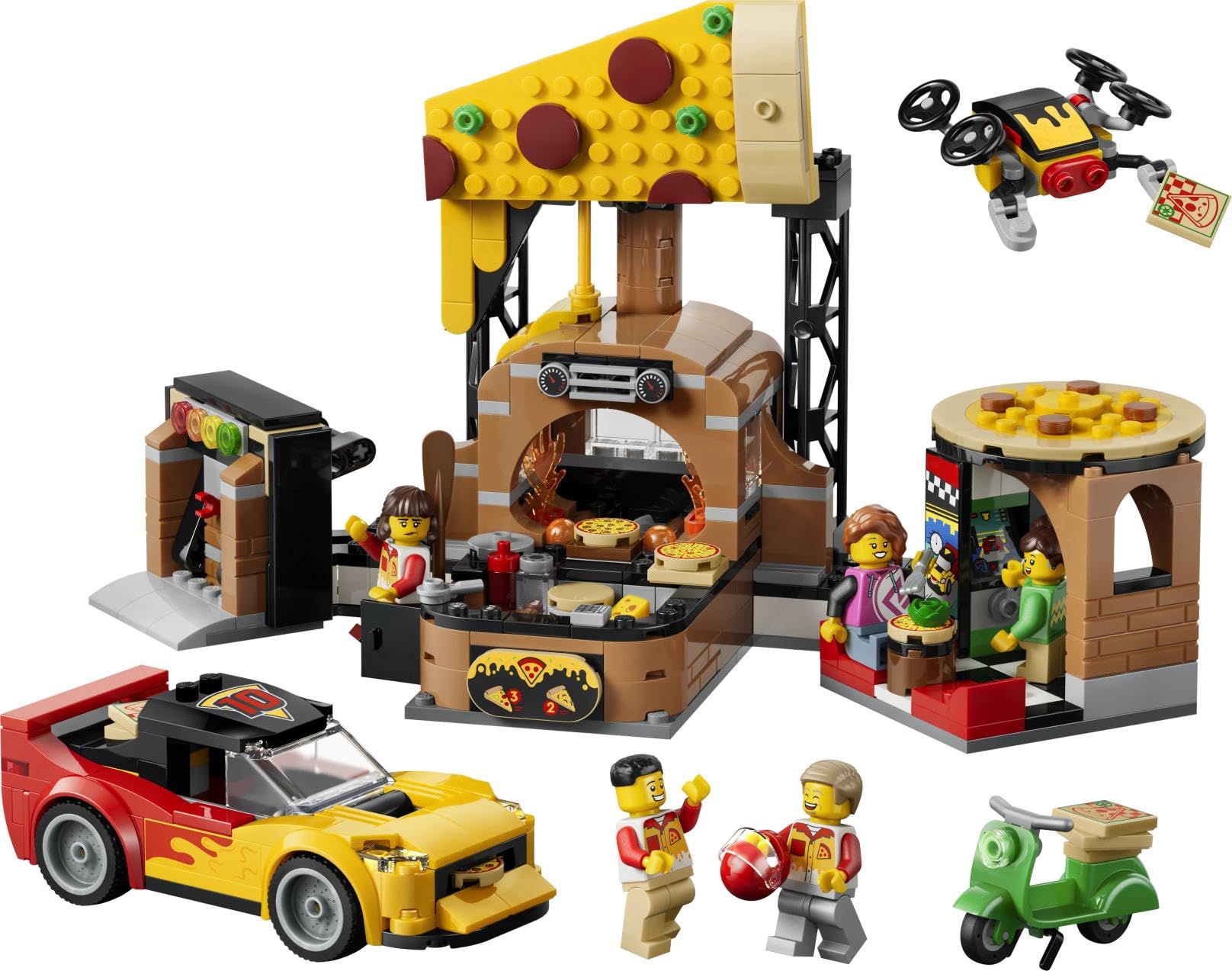LEGO City La Pizzeria et Ses Véhicules de Livraison - Jeu de Construction - Jouet Voiture, Scooter, Drone, Borne d’Arcade & 4 Minifigurines - Idée de Cadeau d'anniversaire pour Garçon dès 6 Ans 60496