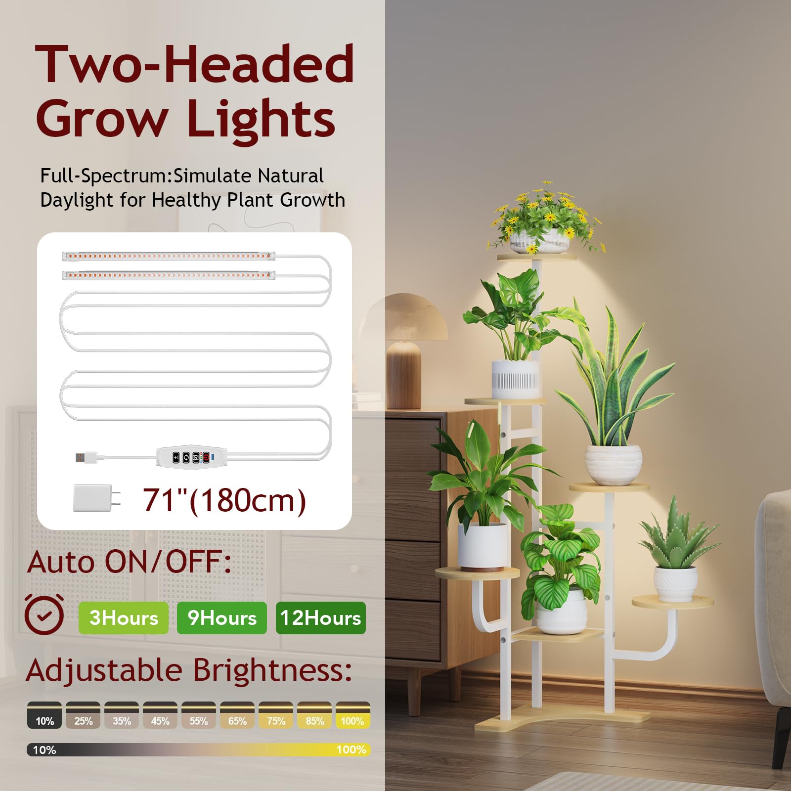 Homsorout Soporte esquinero para plantas con luz de crecimiento, soporte para plantas de 6 niveles, estante redondo de metal con luz ajustable, organizador de plantas para sala de estar, jardín