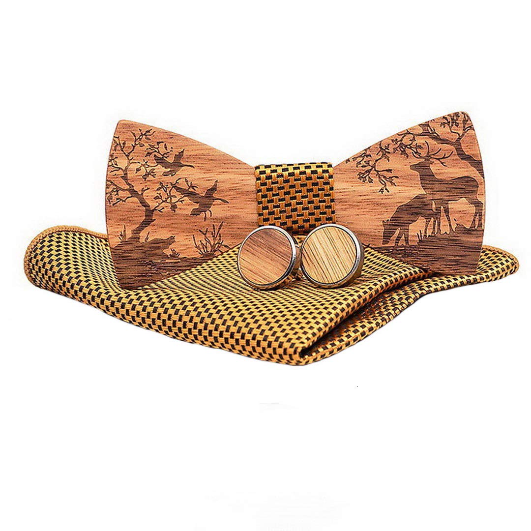Ukerdo Hombre Hecho a Mano Bosque Gemelos Navidad Alce Patrón Pajaritas Adecuado Cuadrados de Bolsillo Set para Regalo