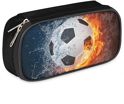 3D Football Leather Pencil Case Pen Holder Sports Large Capacity Black Stationery Storage Pencil Bag with Zipper for Boys Girls Soccer Ball in Ice Fire Pencil Pouch Box for School College Office