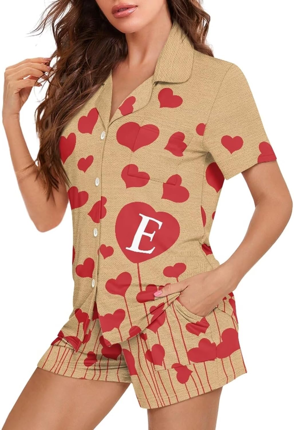 Valentine Pajamas for Women 3D Print Pink Rose Pattern Button Down Pajamas Pants Women Two-Piece