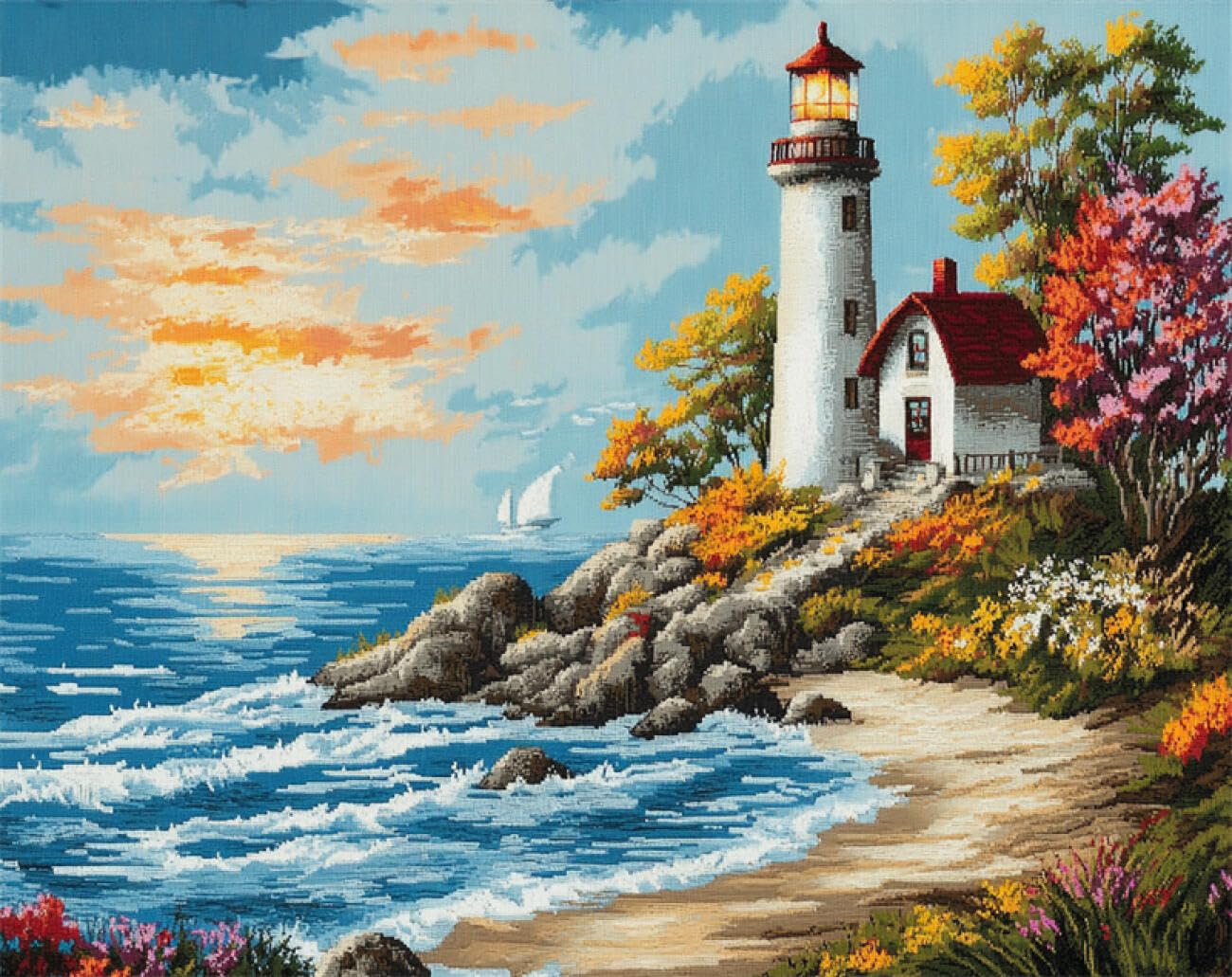Paisaje DIY Kit Manualidades Alfombra Faro De La Costa Kits De Ganchillo Para Hacer Alfombras,Juego De Bordado,Kit De Ganchillo Para Principiantes,Manualidades De Costura Para Decorac 55x75cm
