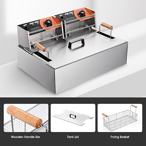 Miniatura 6 de WeChef Freidora eléctrica para encimera, 20L, 5000 W, freidora comercial de acero inoxidable, tanque grande con cesta para restaurante comercial