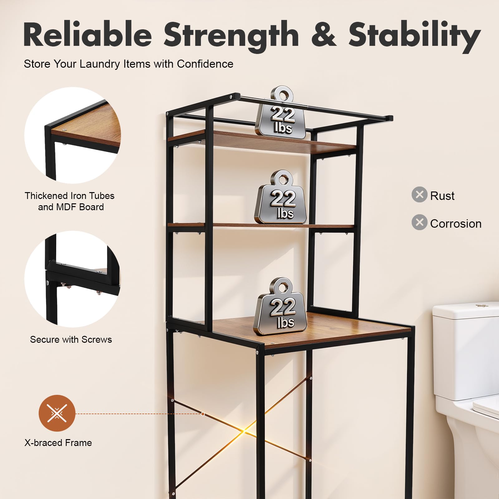 Waschmaschinenregal ohne Bohren, 3 Ebenen Badezimmer Platzsparer, WC-Regal, Waschmaschine Regal, Badezimmerregal, Toilettenregal mit Hängestange, Platzsparender (65x60x97cm)