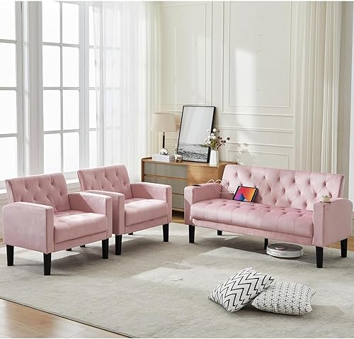 Miniatura 13 de TYBOATLE Juego de sofá de 2 asientos tapizado de mediados de siglo con 2 USB y 2 portavasos, juego de 3 muebles para sala de estar, sofás pequeños