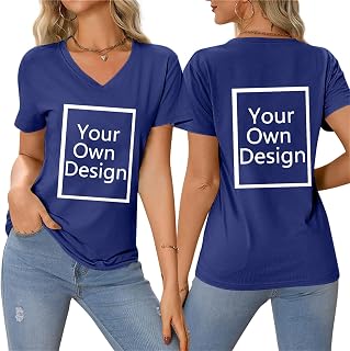 Custom V Neck T Shirts for Women Customized Design Your Own Photo Text Logo Personalized T-Shirt Front and Back Print