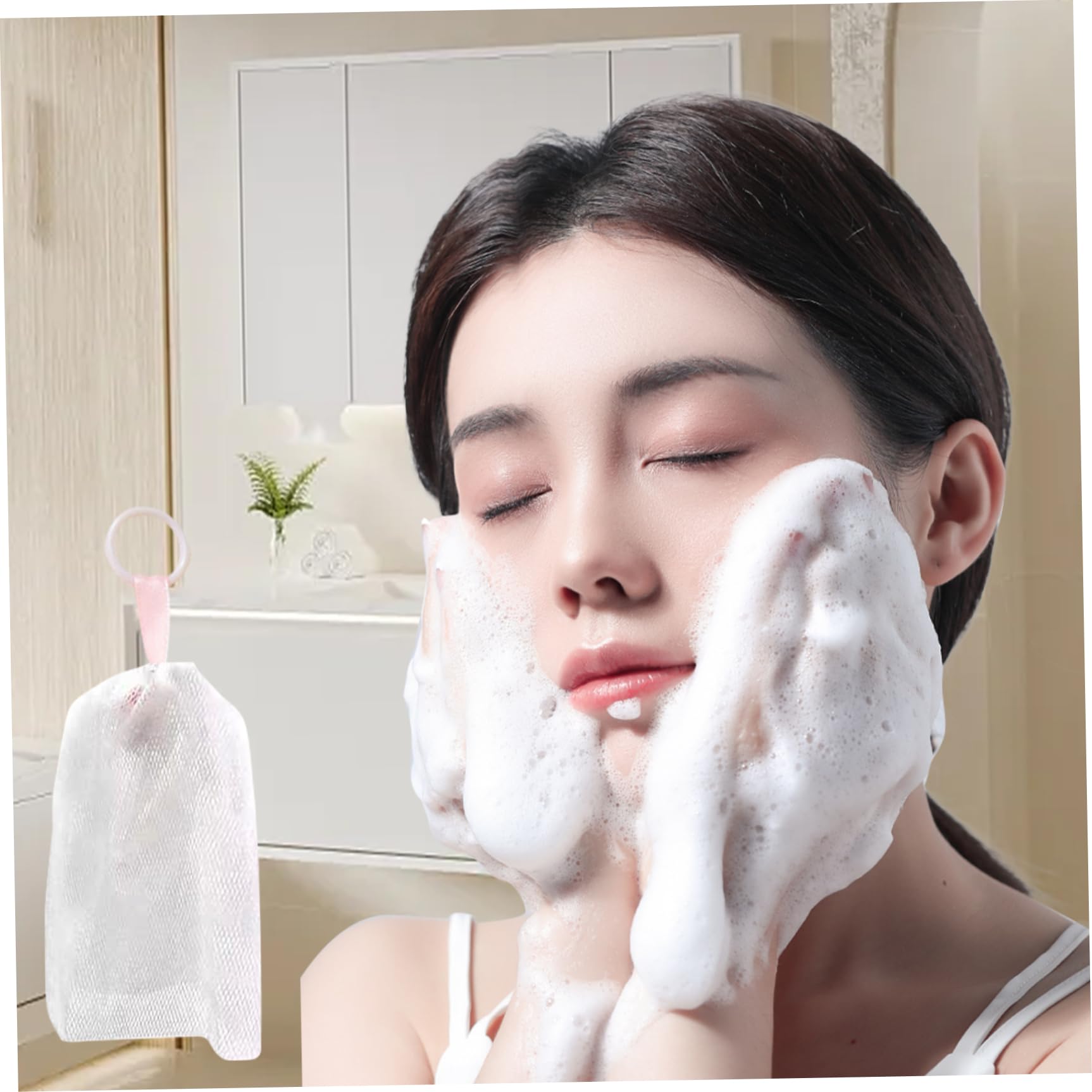 Red de espuma facial, red de espuma de 5 piezas para el lavado de cara, red de jabón suave para la piel con cuerda colgante, red de espuma de limpiador facial, malla exfoliante de espuma de burbujas