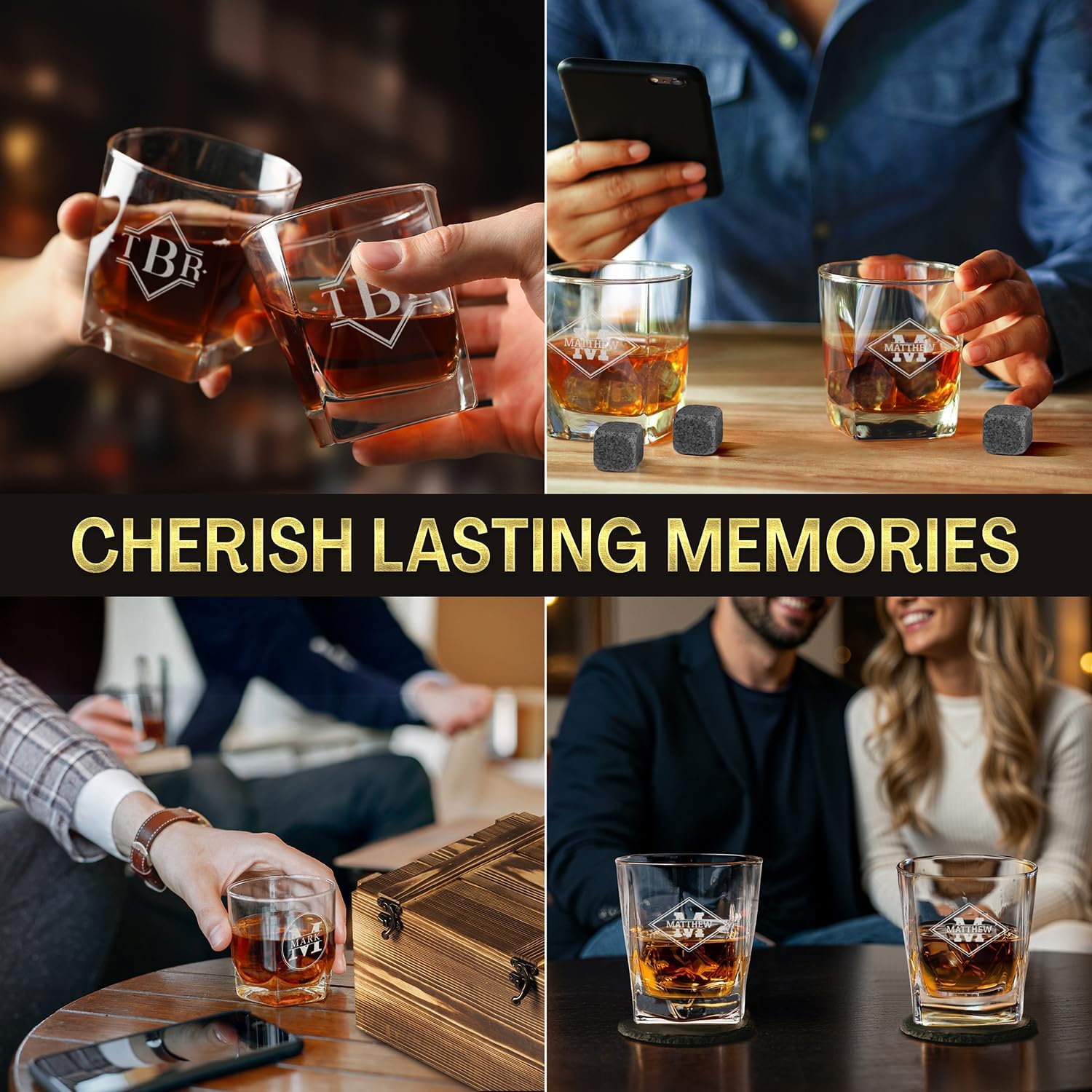 Custom Simplistic Modern Monogram Name 6 Options Whiskey Glass Gift Set 2 Glasses, 6 Granite Chilling Stones, Tongs & 2 Slate Coasters in Rustic Wood Crate – Scotch, Bourbon Lovers Gift