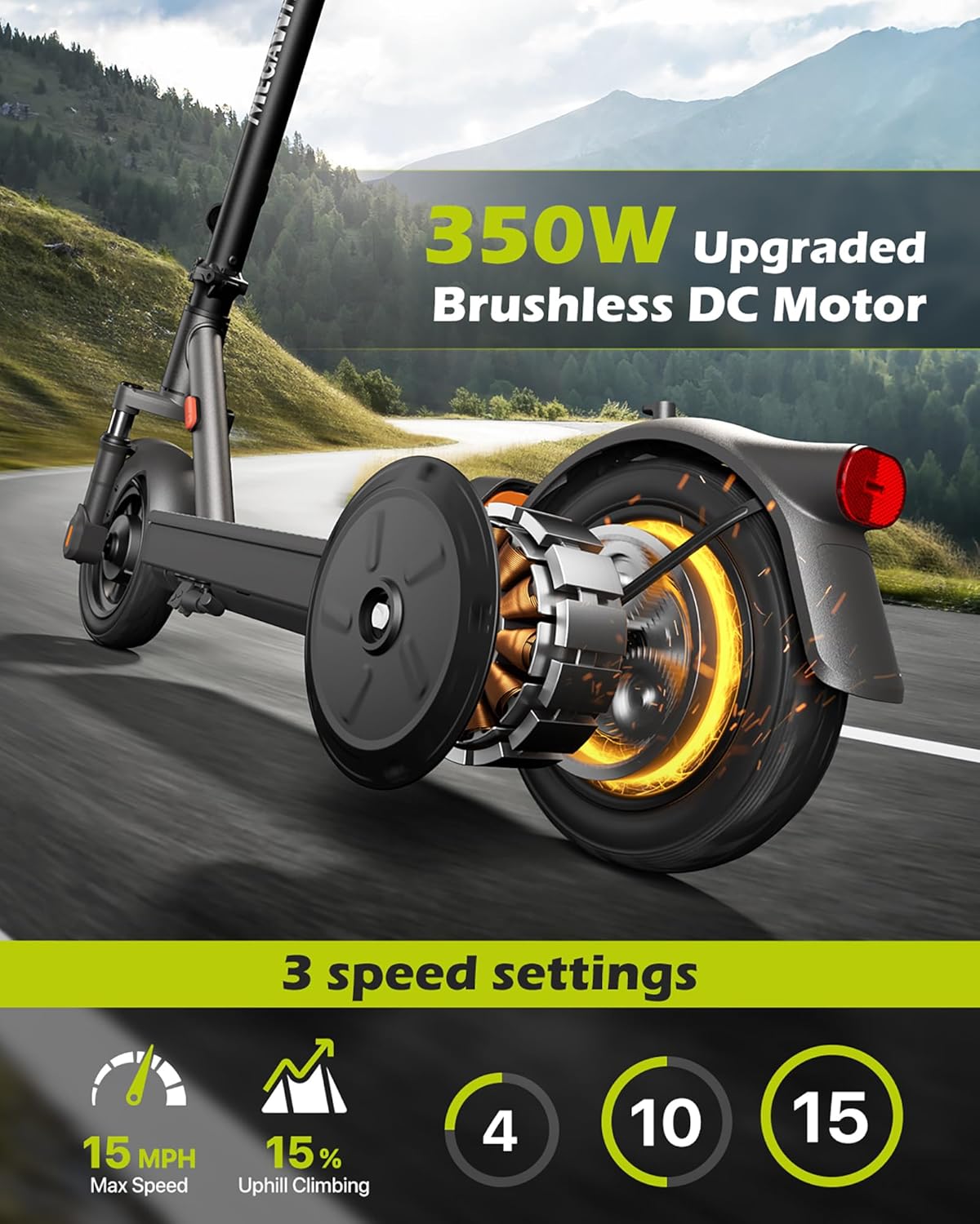MEGAWHEELS Electric Scooter for Adults with Suspension, 8.5/10in Vacuum Tires, 14/19/28/31Miles, 15MPH Max Speed, Turn Lights, Foldable Electric Scooter for Commuter