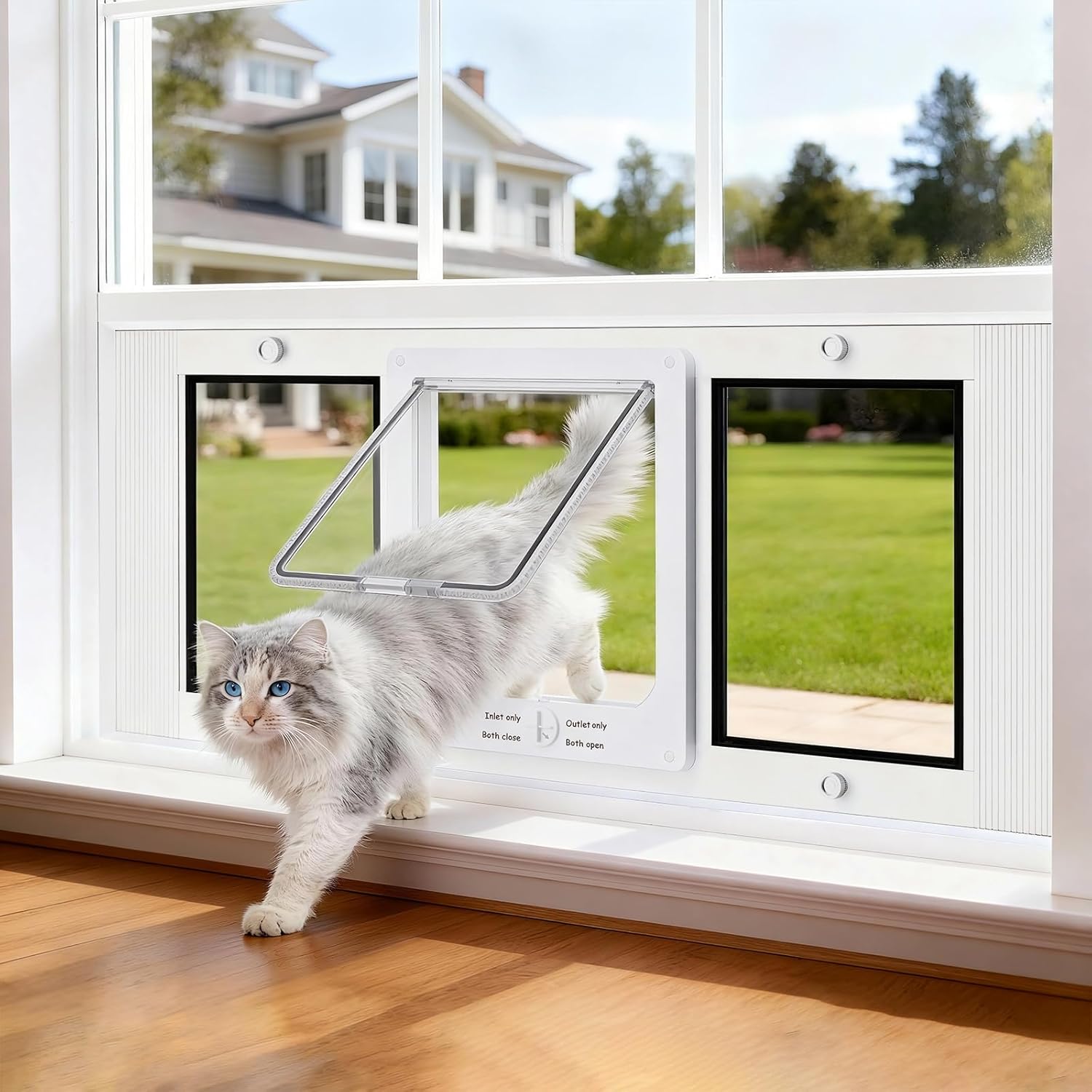 Aluminum Frame Window Cat Door with Magnetic Auto Closure, Horizontal Adjustable Width Quick-Fit Pet Door for Window Insert, Suitable for Most Medium Cats & Small Dogs