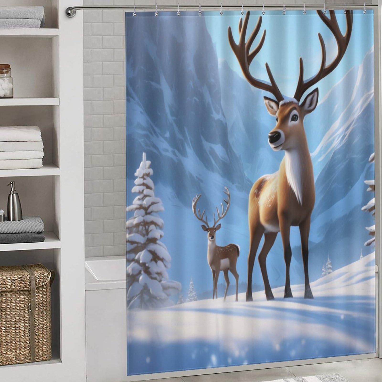 Rideau de douche Wapiti en polyester imperméable 168x183cm avec 12 anneaux inclus