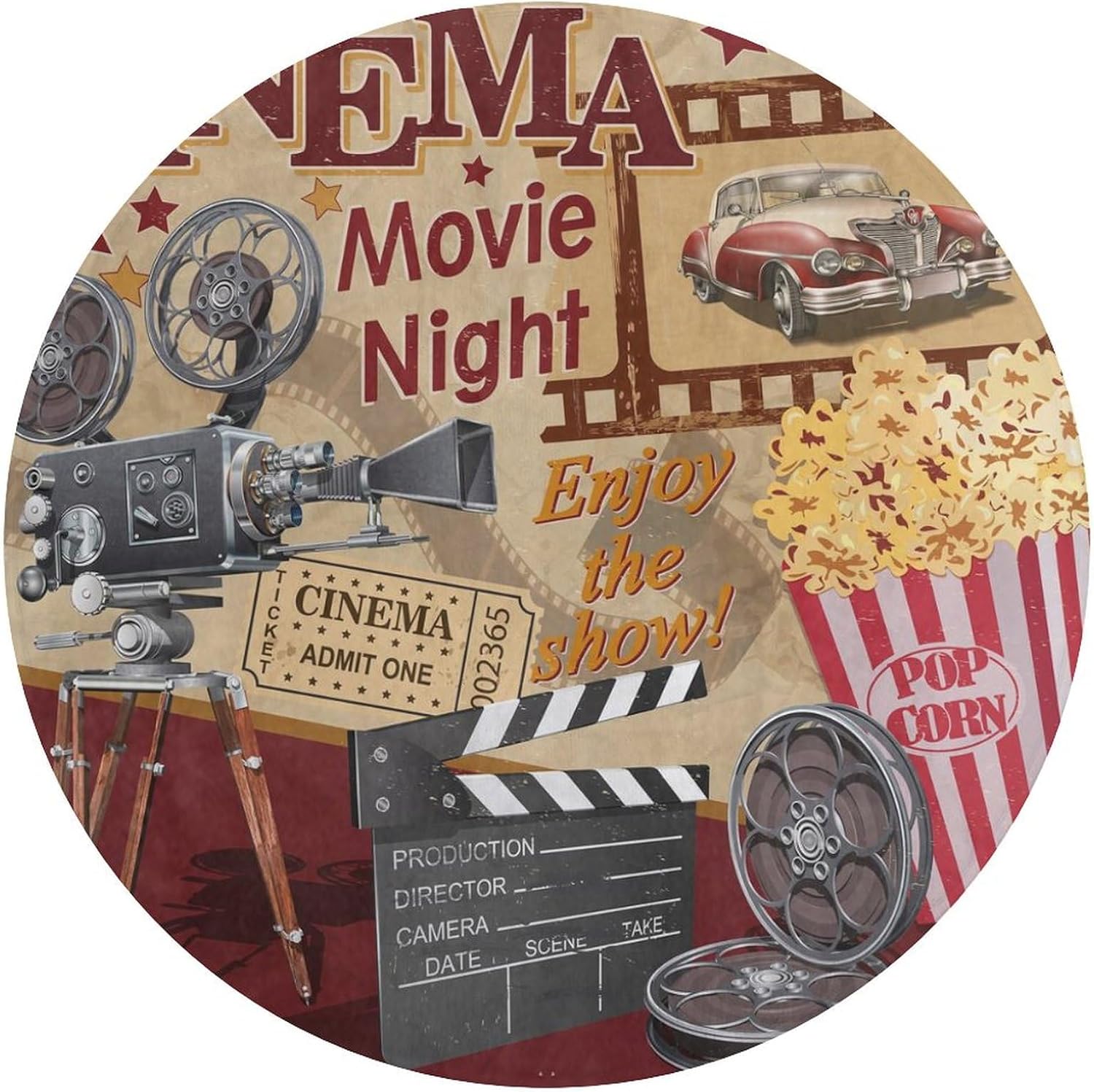 Cinema Movie Theater Round Rug Movie Night Decorations Vintage Circle Area Rug Round Carpet for Party Living Room Bedroom 3 ft