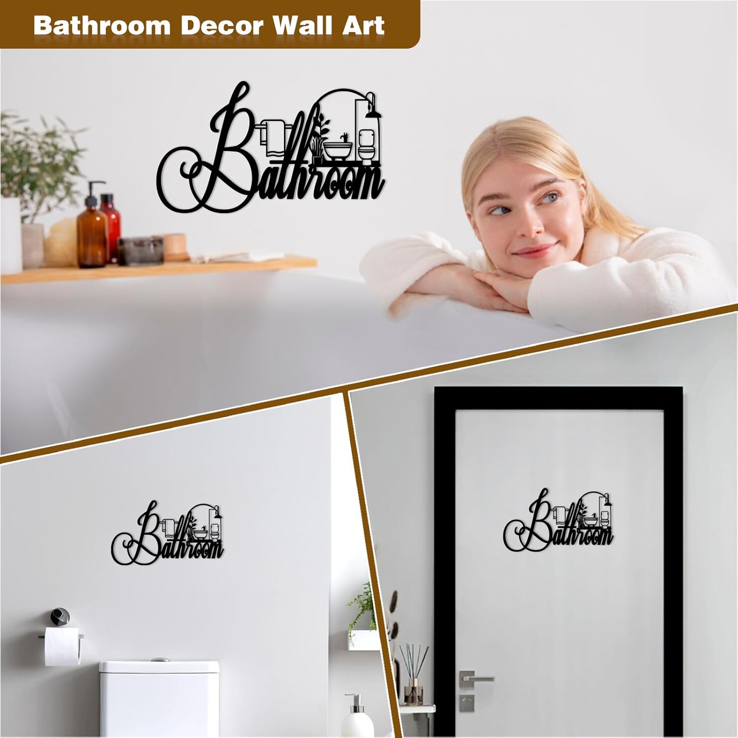 Black Metal Bathroom Wall Decor, Farmhouse Funny Bathroom Sign for Modern Home Hanging Decorations, Metal Bath Art （20 in）