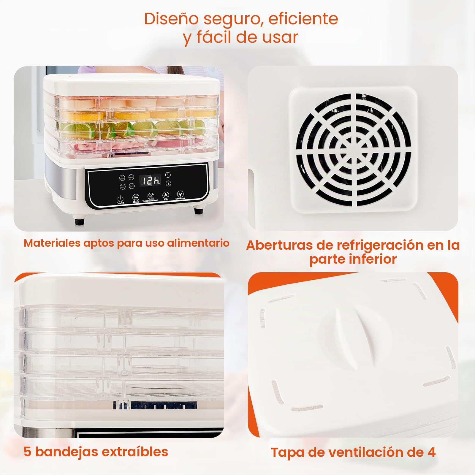 Deshidratador de 5 capas Smart Touch, secador visual de alimentos con temporizador de 72 horas, temperatura ajustable de 35 a 70 °C e indicador LED para secar frutas, verduras, carnes