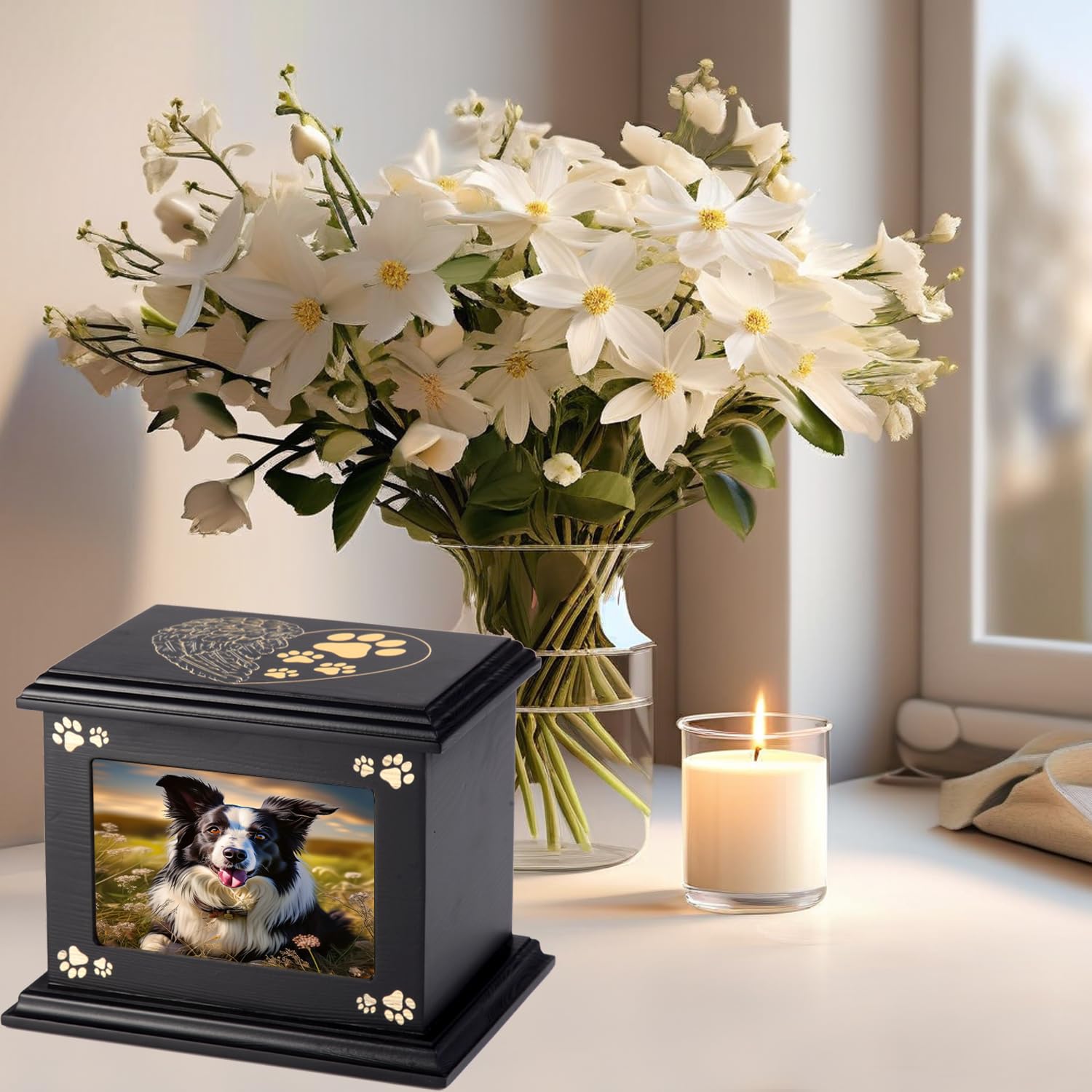 Urne pour animaux de compagnie urns Doggy Memorial 40 grande urne funéraire en bois urns avec cadre photo Memorial Memorial Memory Box Liner noir Anis perdu cadeau commémoratif pour animaux de