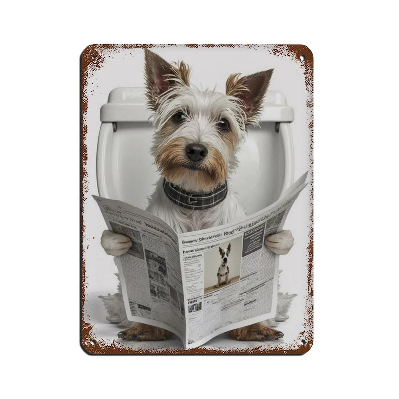Terrier Sitting on The Toilet Reading A Newspaper Retro Poster Metal Tin Sign Chic Art Retro Iron Painting Bar People Cave Cafe Family Garage Poster Wall Decoration 12x16inch(30x40cm)