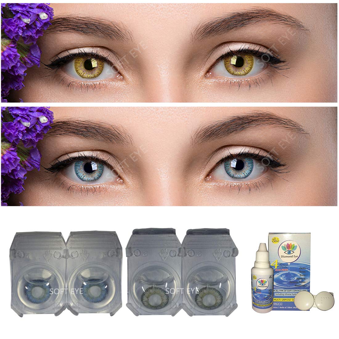 Color StyleCombo Pack 2 Pairs of Monthly Color Contact Lenses (Blue & Hazel) Zero Power with Free Lens Solution & Lens Case/Container Kit-image-34